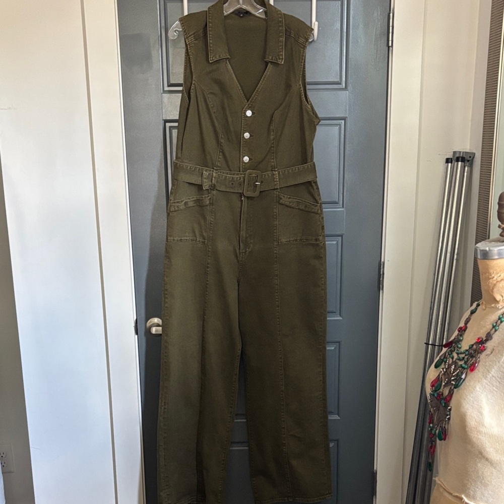 Paige Olive Green Denim Sleeveless Jumpsuit
